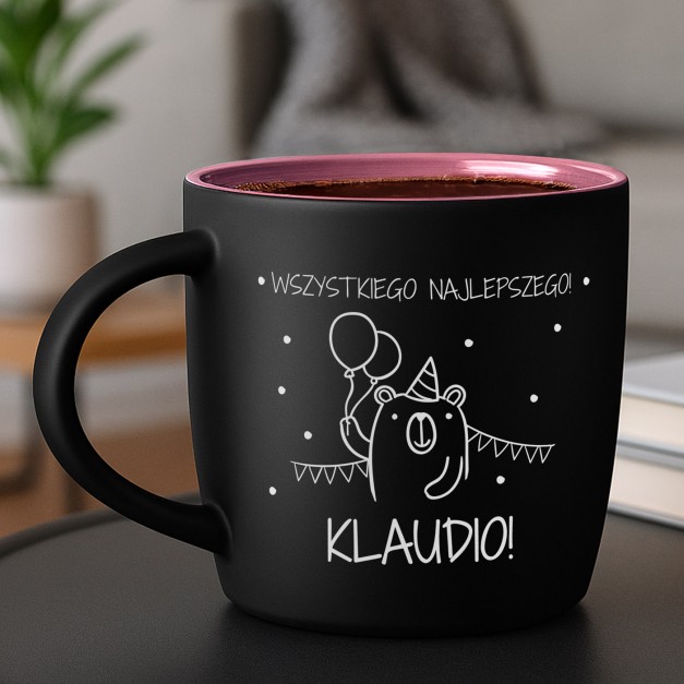 Kubek ceramiczny czarny środek różowy z grawerem dla córki na urodziny