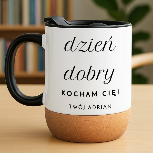 Kubek ceramiczny biały z przykrywką dla niej na imieniny