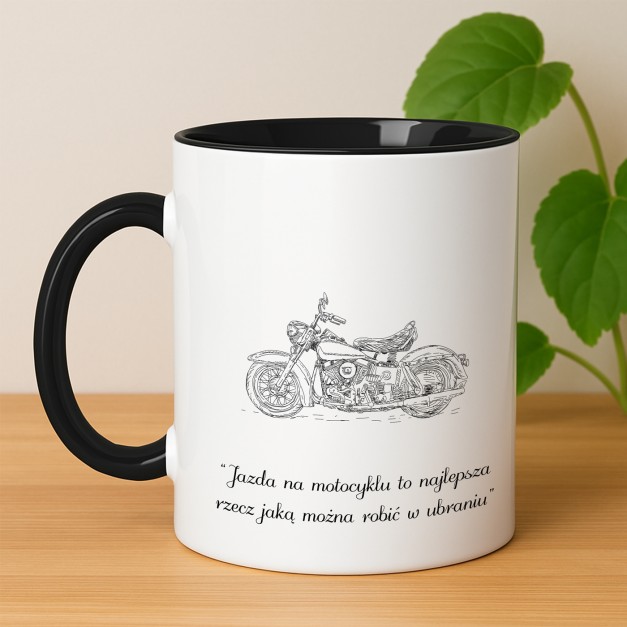Kubek ceramiczny biały z czarnym środkiem dla chłopaka motocyklisty