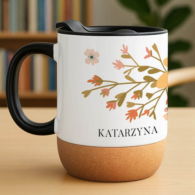 Kubek ceramiczny biały z przykrywką dla niej jesieniary na imieniny dzień kobiet