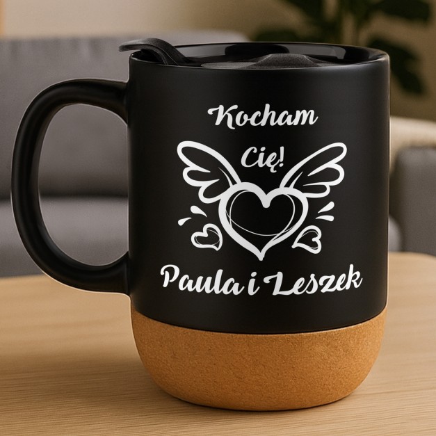 Kubek ceramiczny czarny z przykrywką dla chłopaka dziewczyny żony na walentynki