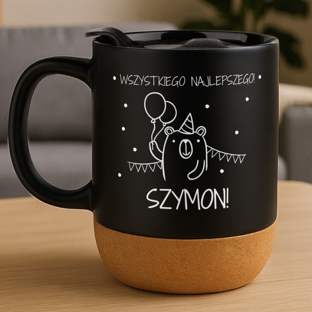 Kubek ceramiczny czarny z przykrywką dla syna chłopca na urodziny