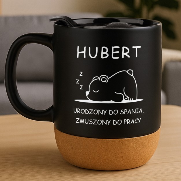 Kubek ceramiczny czarny z przykrywką dla śpiocha pracownika