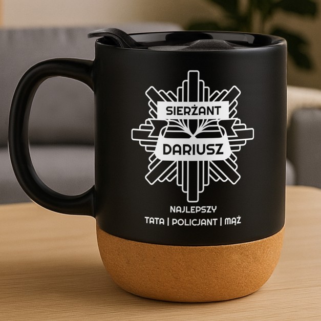 Kubek ceramiczny czarny z przykrywką dla policjanta taty męża