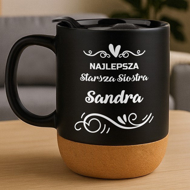 Kubek ceramiczny czarny z przykrywką dla siostry