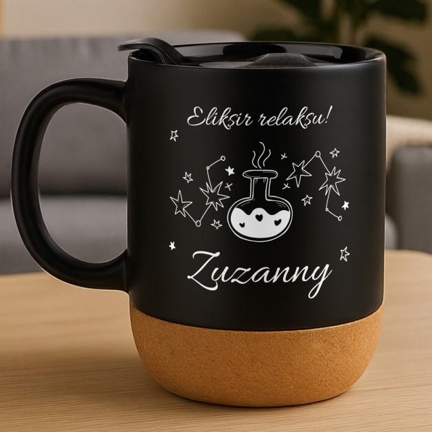 Kubek ceramiczny czarny z przykrywką dla niej na imieniny
