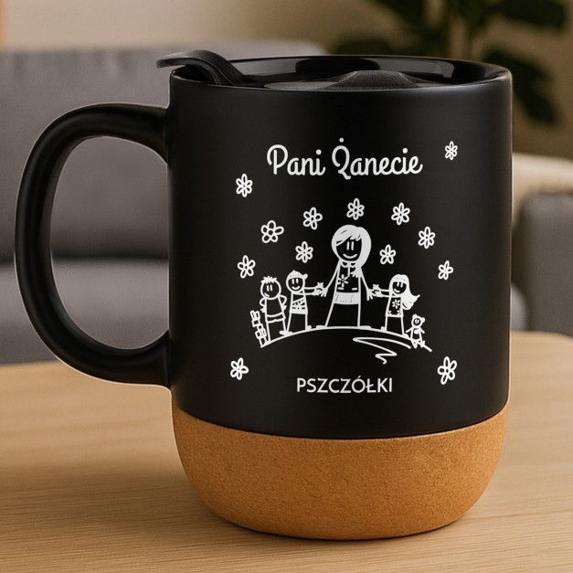 Kubek ceramiczny czarny z przykrywką dla przedszkolanki wychowawczyni
