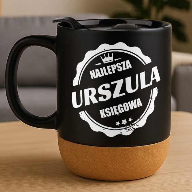 Kubek ceramiczny czarny z przykrywką dla niej księgowej
