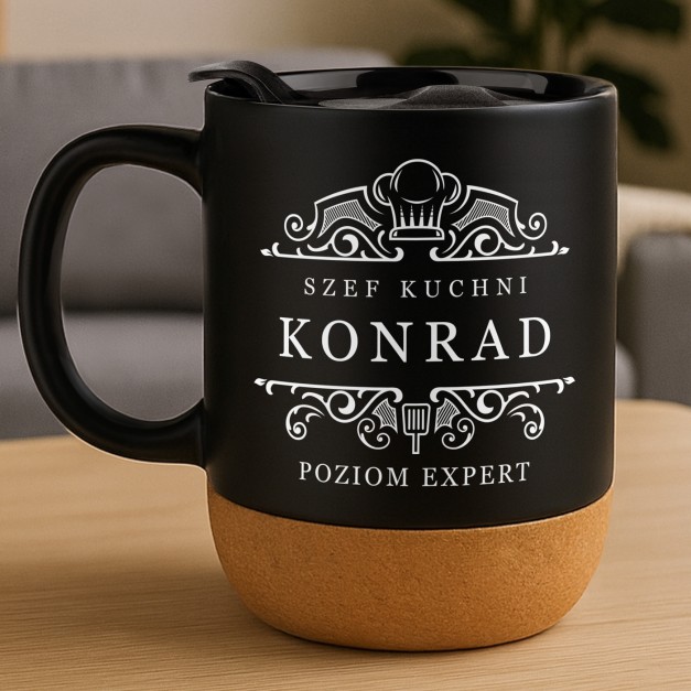 Kubek ceramiczny czarny z przykrywką dla szefa kuchni kucharza