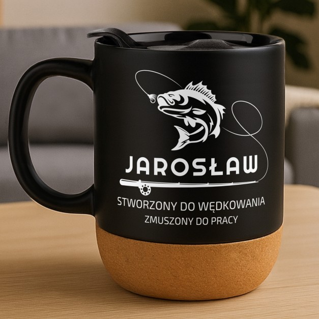 Kubek ceramiczny czarny z przykrywką dla wędkarza