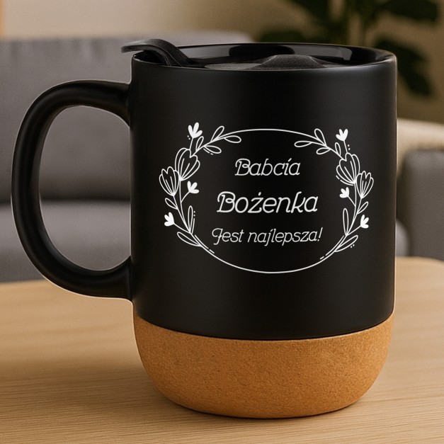 Kubek ceramiczny czarny z przykrywką dla babci