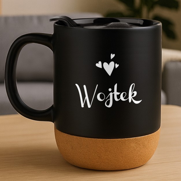Kubek ceramiczny czarny z przykrywką dla męża chłopaka na imieniny walentynki rocznicę
