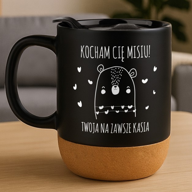 Kubek ceramiczny czarny z przykrywką dla niego na walentynki rocznicę imieniny
