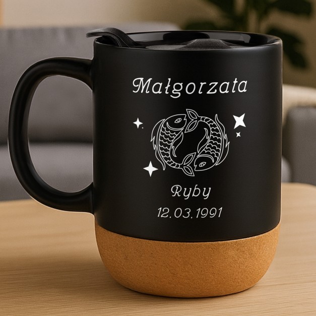 Kubek ceramiczny czarny z przykrywką dla niej na imieniny