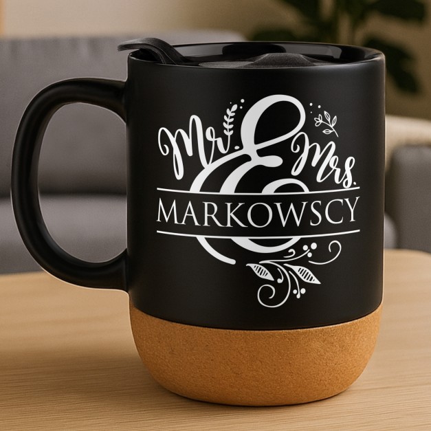 Kubek ceramiczny czarny z przykrywką dla pary na ślub rocznicę parapetówkę