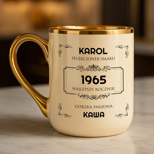 Kubek ceramiczny ze złotym rantem i uchem dla męża chłopaka taty na urodzinu