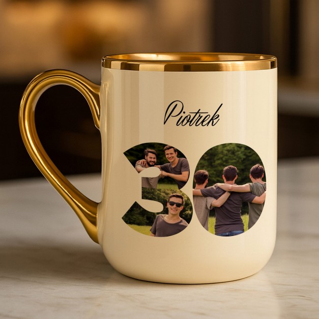 Kubek ceramiczny ze złotym rantem i uchem dla niego na 30 urodziny