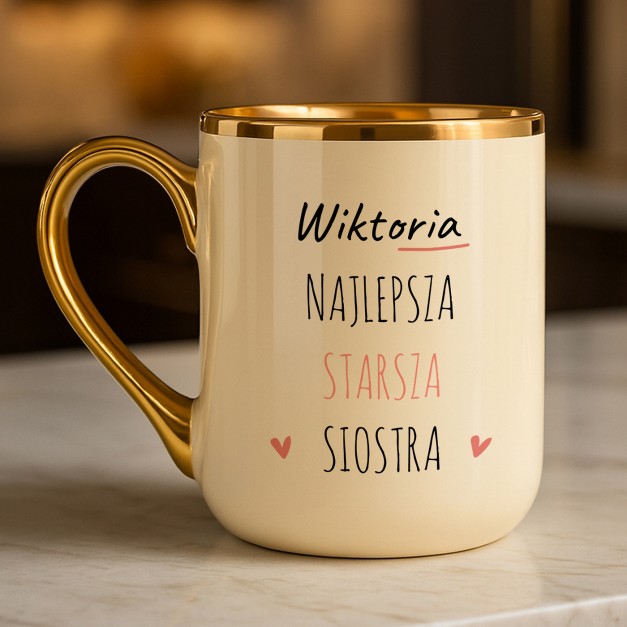 Kubek ceramiczny ze złotym rantem i uchem dla siostry na święta urodziny