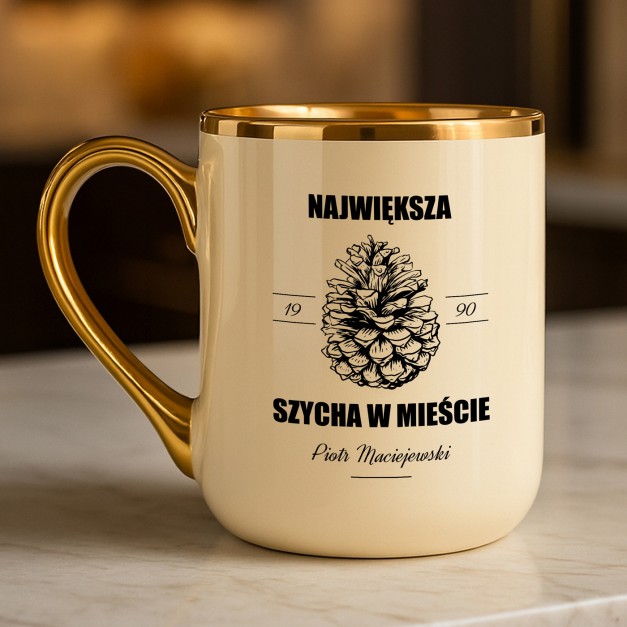 Kubek ceramiczny ze złotym rantem i uchem dla mężczyzny na urodziny