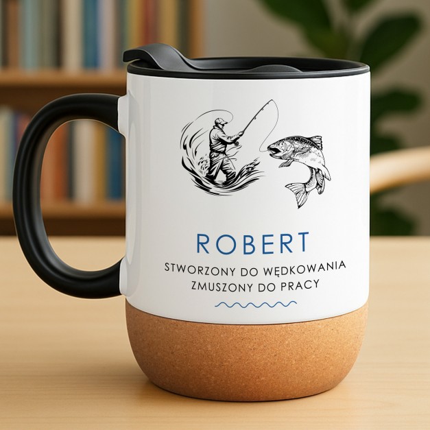Kubek ceramiczny biały z przykrywką dla niego wędkarza na iminieny