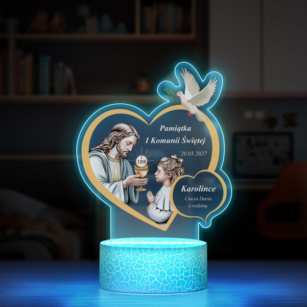 Lampka LED L 3D z nadrukiem na szkle akrylowym dla dziewczynki na I Komunię Świętą
