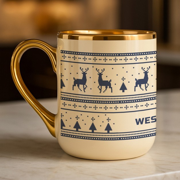 Kubek ceramiczny ze złotym rantem i uchem dla niej na święta