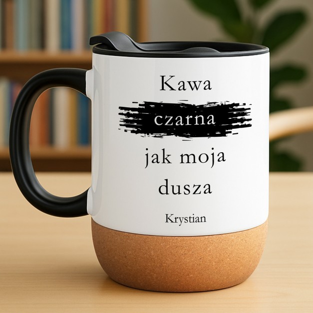 Kubek ceramiczny biały z przykrywką dla kawosza męża taty na imieniny