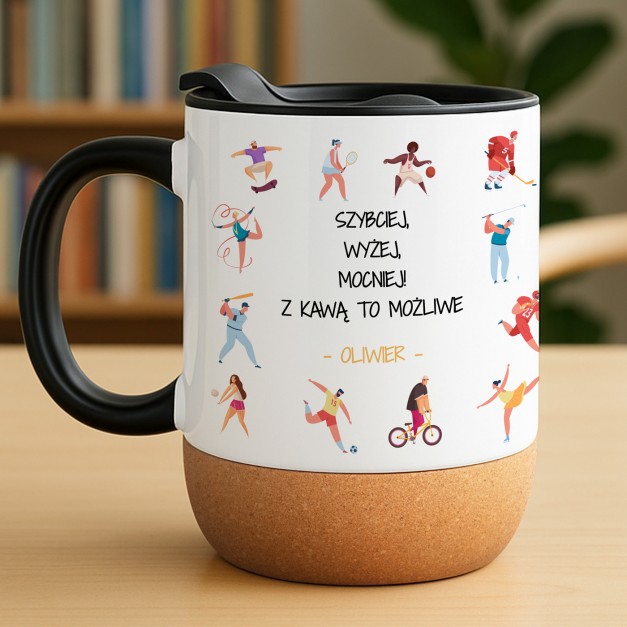 Kubek ceramiczny biały z przykrywką dla sportowca