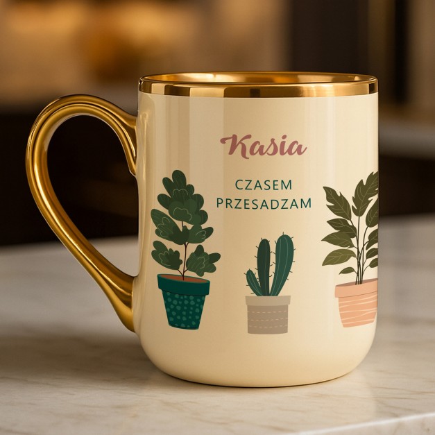 Kubek ceramiczny ze złotym rantem i uchem dla ogrodniczki na imieniny