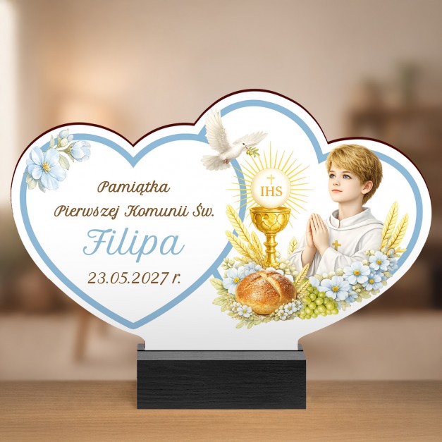 Drewniana statuetka z nadrukiem dla chrześniaka na I Komunię