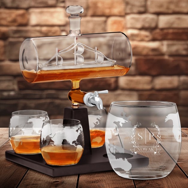 Zestaw do whisky karafka statek szklanki x4 grawer inicjały nazwisko