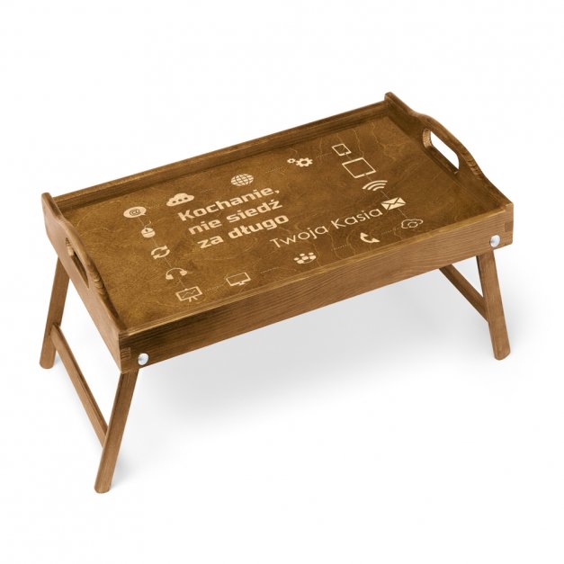 Stolik drewniany śniadaniowy brązowy z grawerem dla chłopaka męża informatyka gracza