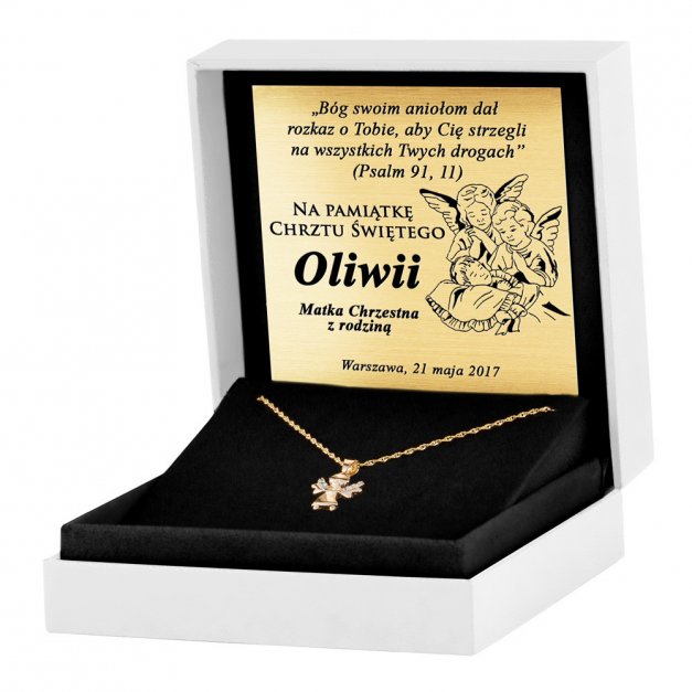 Złoty Medalik 585 Aniołek z Kryształkami Łańcuszek Grawer