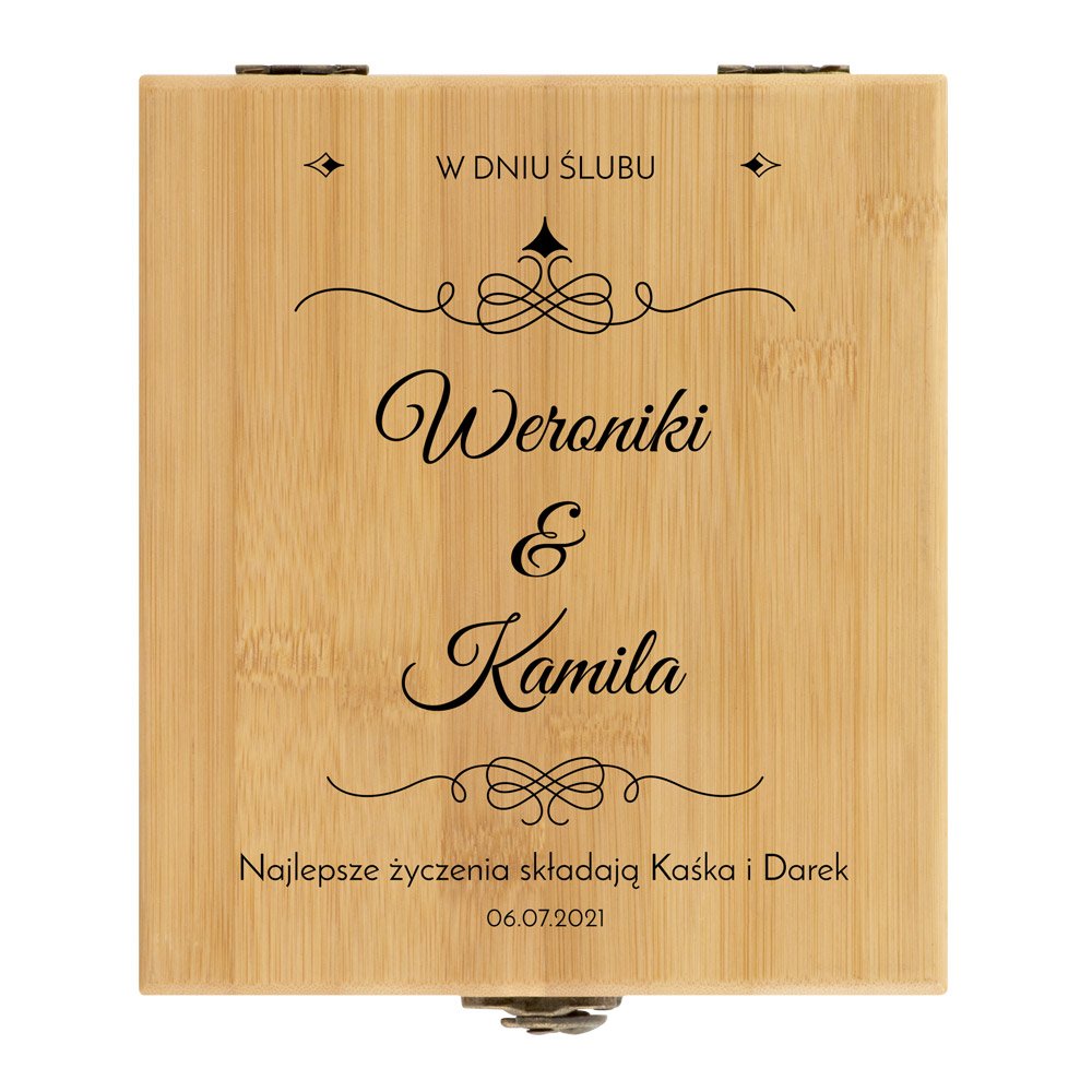 Akcesoria do wina zestaw w skrzynce z nadrukiem dla pary na ślub