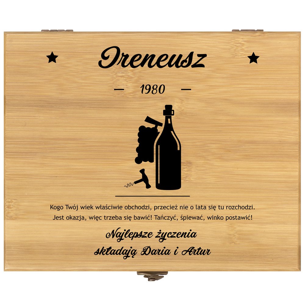 Akcesoria do wina zestaw deluxe w skrzynce z nadrukiem dla niego na urodziny