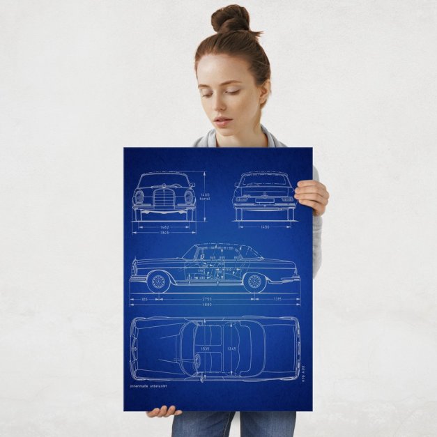 Plakat metalowy granatowy projekt samochodu Mercedes W111 coupe L