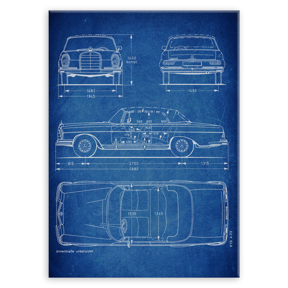 Plakat metalowy niebieski projekt samochodu Mercedes W111 coupe L