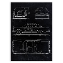 Plakat metalowy czarny projekt samochodu Mercedes W111 coupe L