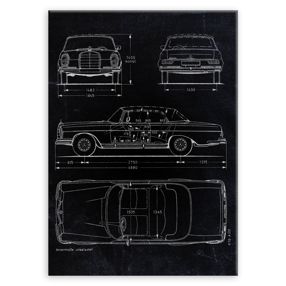 Plakat metalowy czarny projekt samochodu Mercedes W111 coupe L