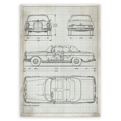 Plakat metalowy projekt samochodu Mercedes W111 coupe na papierze w kratke L