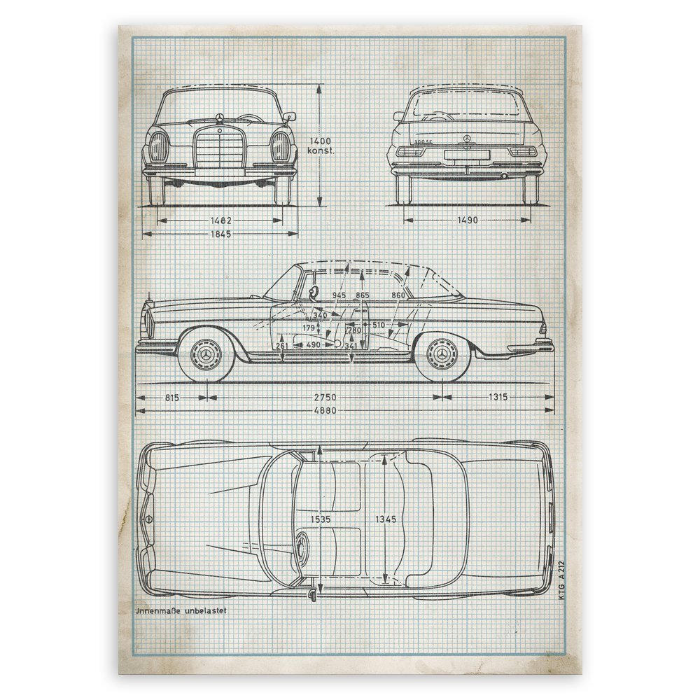 Plakat metalowy projekt samochodu Mercedes W111 coupe na papierze w kratke L