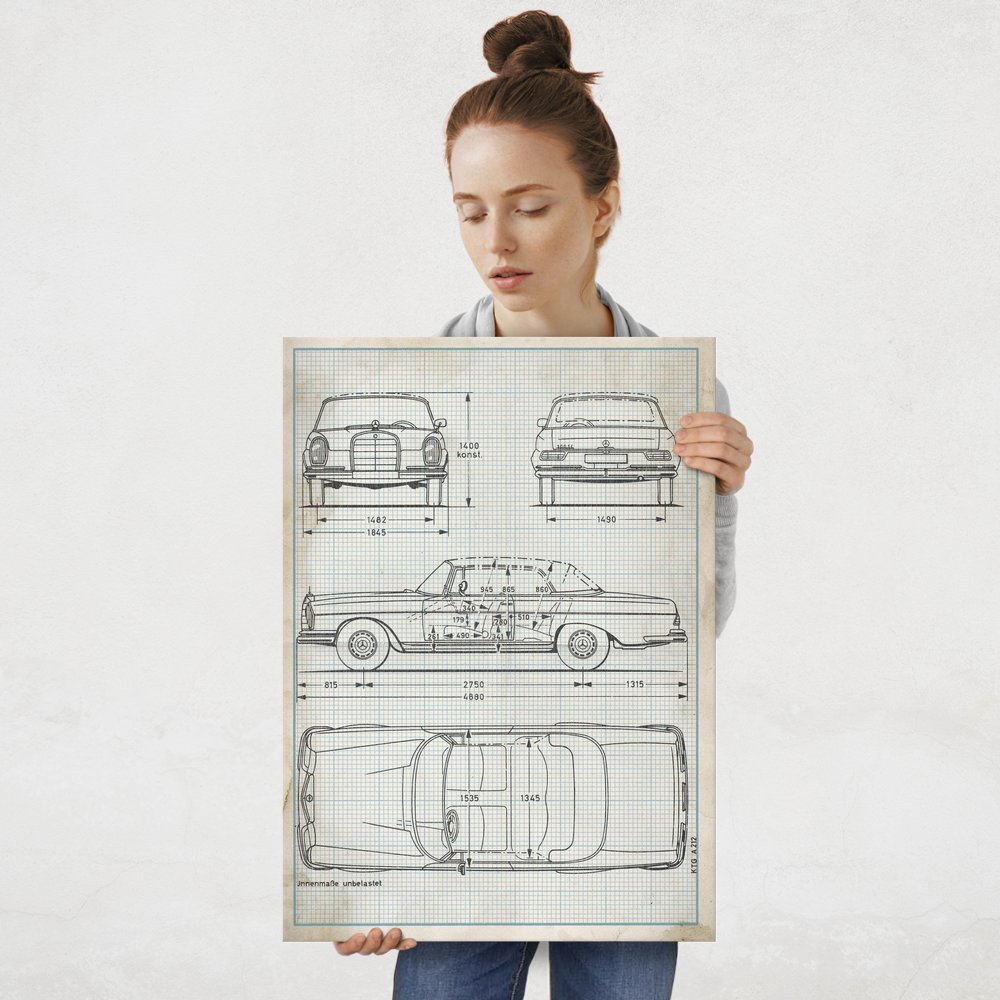 Plakat metalowy projekt samochodu Mercedes W111 coupe na papierze w kratke L