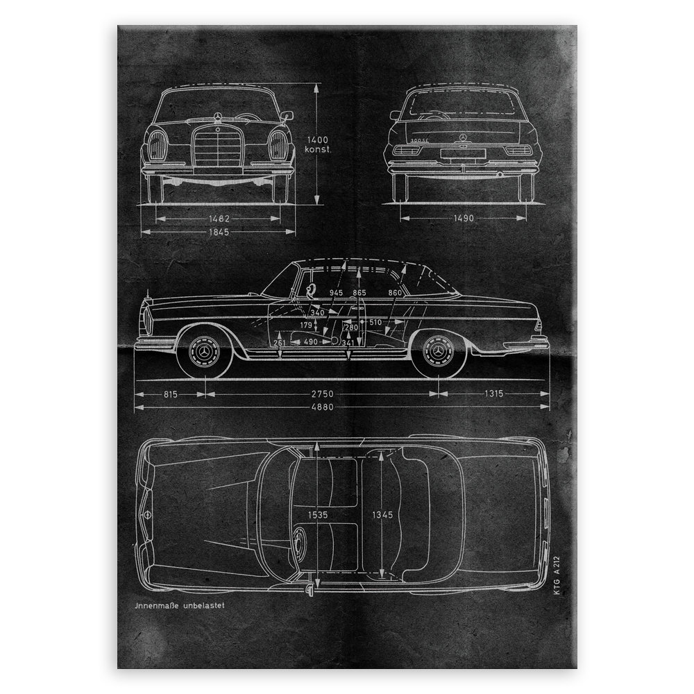 Plakat metalowy projekt samochodu Mercedes W111 coupe na czarnym papierze L