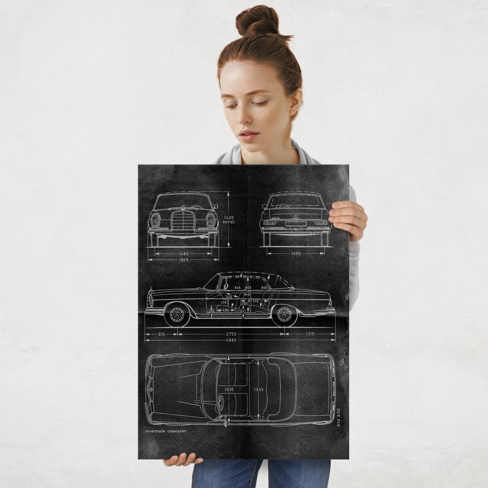 Plakat metalowy projekt samochodu Mercedes W111 coupe na czarnym papierze L