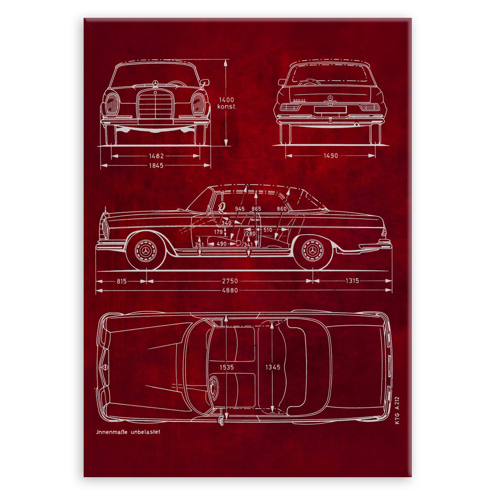 Plakat metalowy projekt samochodu Mercedes W111 coupe na czerwonym papierze M