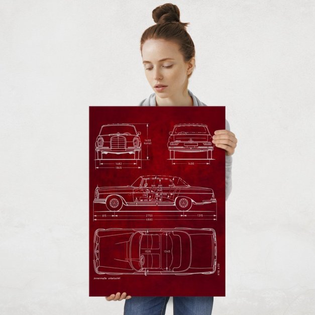 Plakat metalowy projekt samochodu Mercedes W111 coupe na czerwonym papierze L
