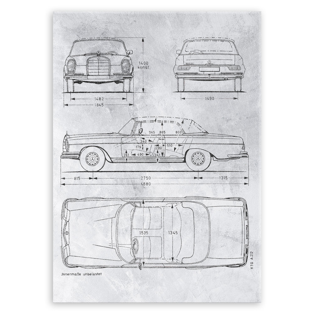 Plakat metalowy projekt samochodu Mercedes W111 coupe na szarym papierze M