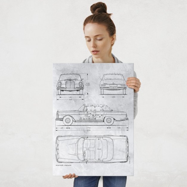 Plakat metalowy projekt samochodu Mercedes W111 coupe szarym papierze L