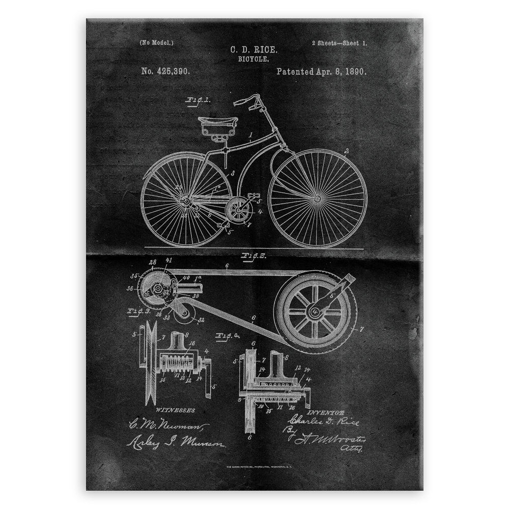 Plakat metalowy projekt patentu rowera na czarnym papierze M