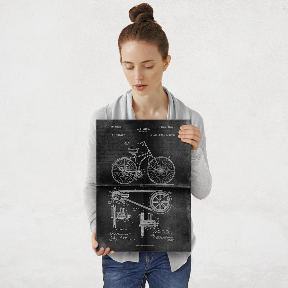 Plakat metalowy projekt patentu rowera na czarnym papierze M